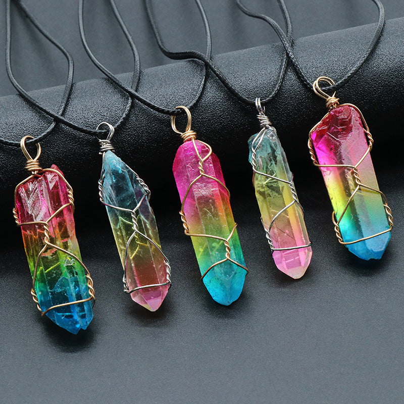 Gradient Colorblock Crystal Stone Pillar Tree Of Life Pendant Chain Necklace