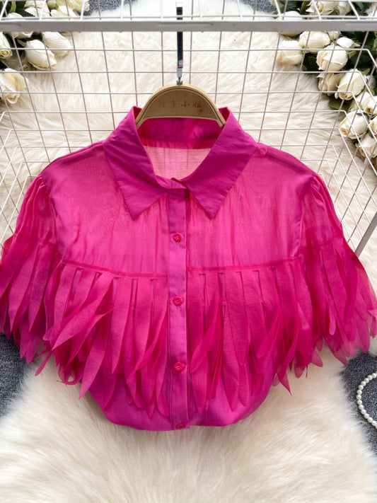 Sheer Tassel Fringe Puffed Short Sleeve Turn-Down Blouse