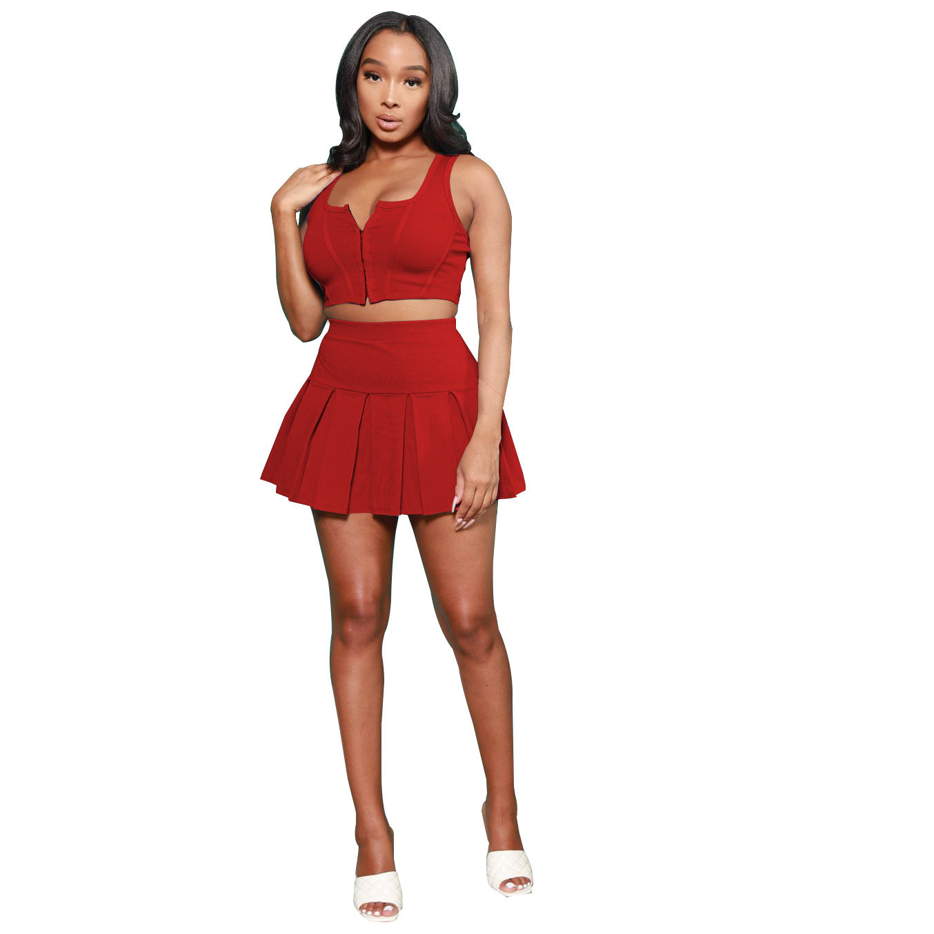 Sleeveless Solid Color Women's Crop Zipper Sports Vest + Mini Pleated Tennis Skirt 2-Piece Set