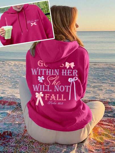 Oversized "God Is Within Her She Will Not Fail" O-Neck Bow Butterfly Heart Letter Print Women's Hoodie Sweatshirt