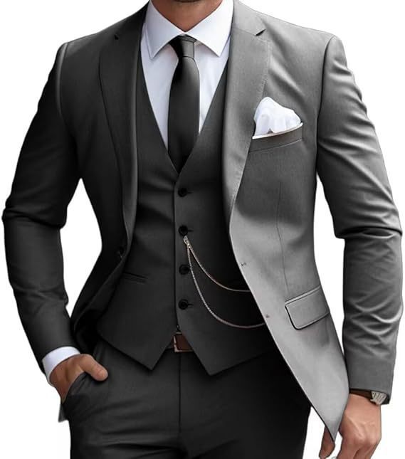 Men's Pocketed Solid Color Single Breasted Blazer w/ Button-Up Vest & Pants 3-Piece Formal Suit
