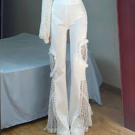 White Mesh Sheer Hollow-Out Transparent Patchwork Waist Micro Flare Women's Pants