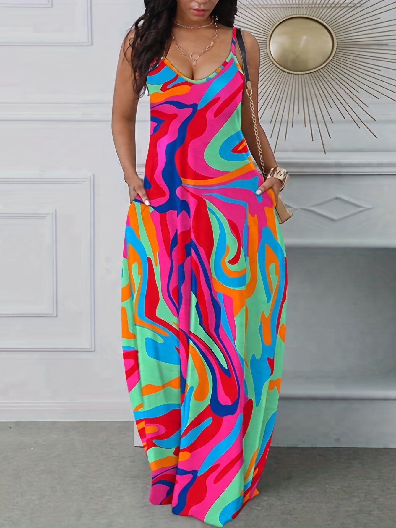 Rainbow Geometric Print Spaghetti Strap Loose Maxi Cami Dress