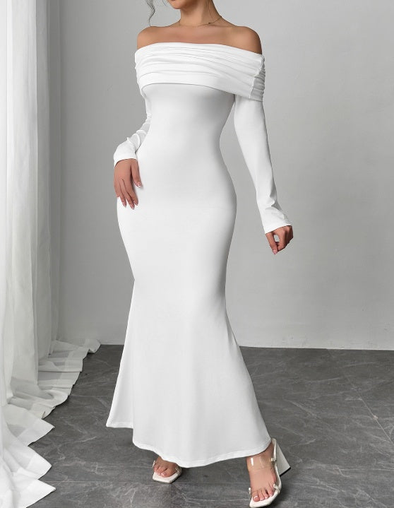 White Off-the-Shoulder Backless Long Sleeve Skinny Fishtail Mermaid Maxi Formal Party Dress