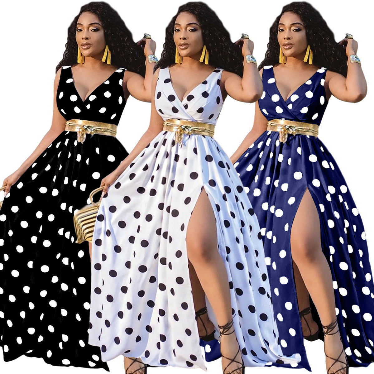 Polka Dot V-Neck Wrapped Sleeveless High Slit Maxi Dress