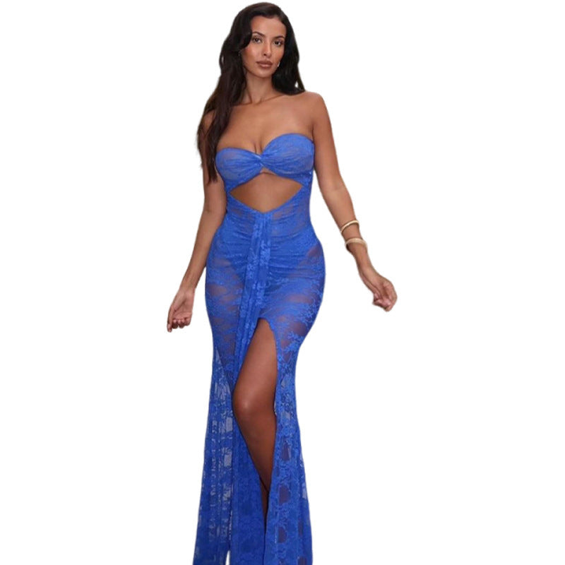 Lace Sleeveless Sheer Transparent Tube Top Chest Wrapped Design Hollow-Out Skinny High Slit Maxi Dress