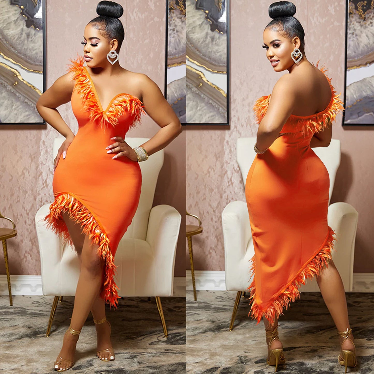 Asymmetrical One Shoulder Feather Design V-Neck Sleeveless Irregular Formal Midi Dress