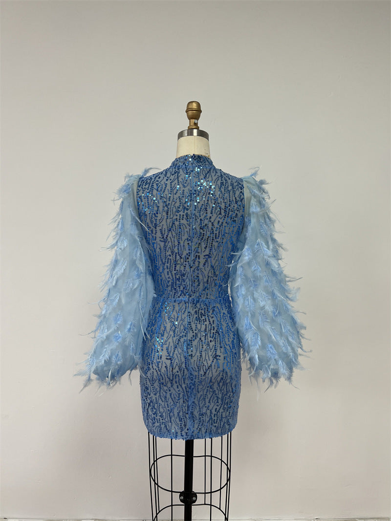 Sequin Light Blue Hollow-Out Feather Embellished Lantern Sleeve High Slit Formal Mini Dress