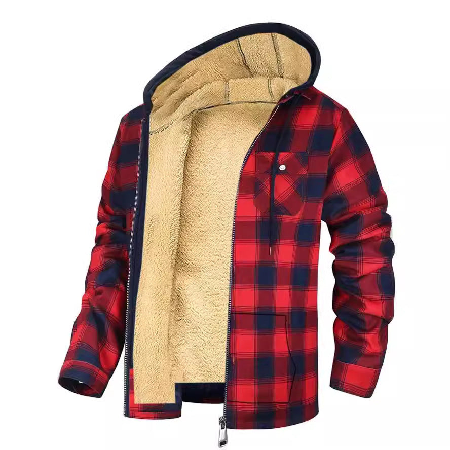Men's Plaid Print Fleece Lined Hoodie Zipper Jacket
