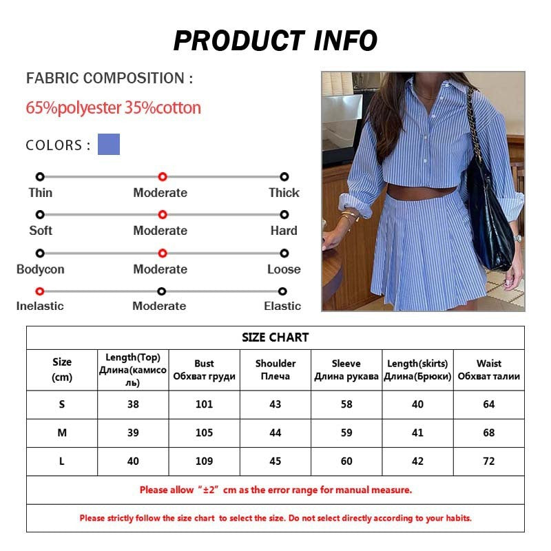 Striped Women's Turn-Down Collar Long Sleeve Blouse + Pleated Mini Tennis Skirt 2-Piece Set