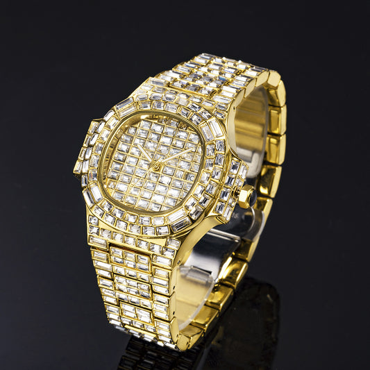 Men's Sparkling Iced Out Square Hot Drill Diamond Gold/Silver High Grade Waterproof Calendar Watch