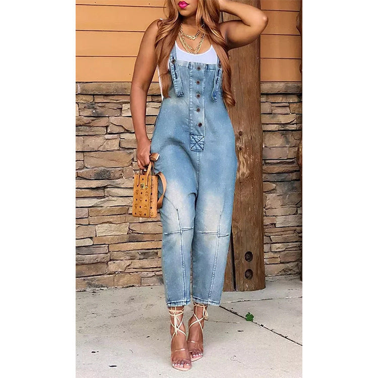 Denim Faded Colorblock Women's Button Front Overalls Jean Jumpsuit to 3X Plus Size