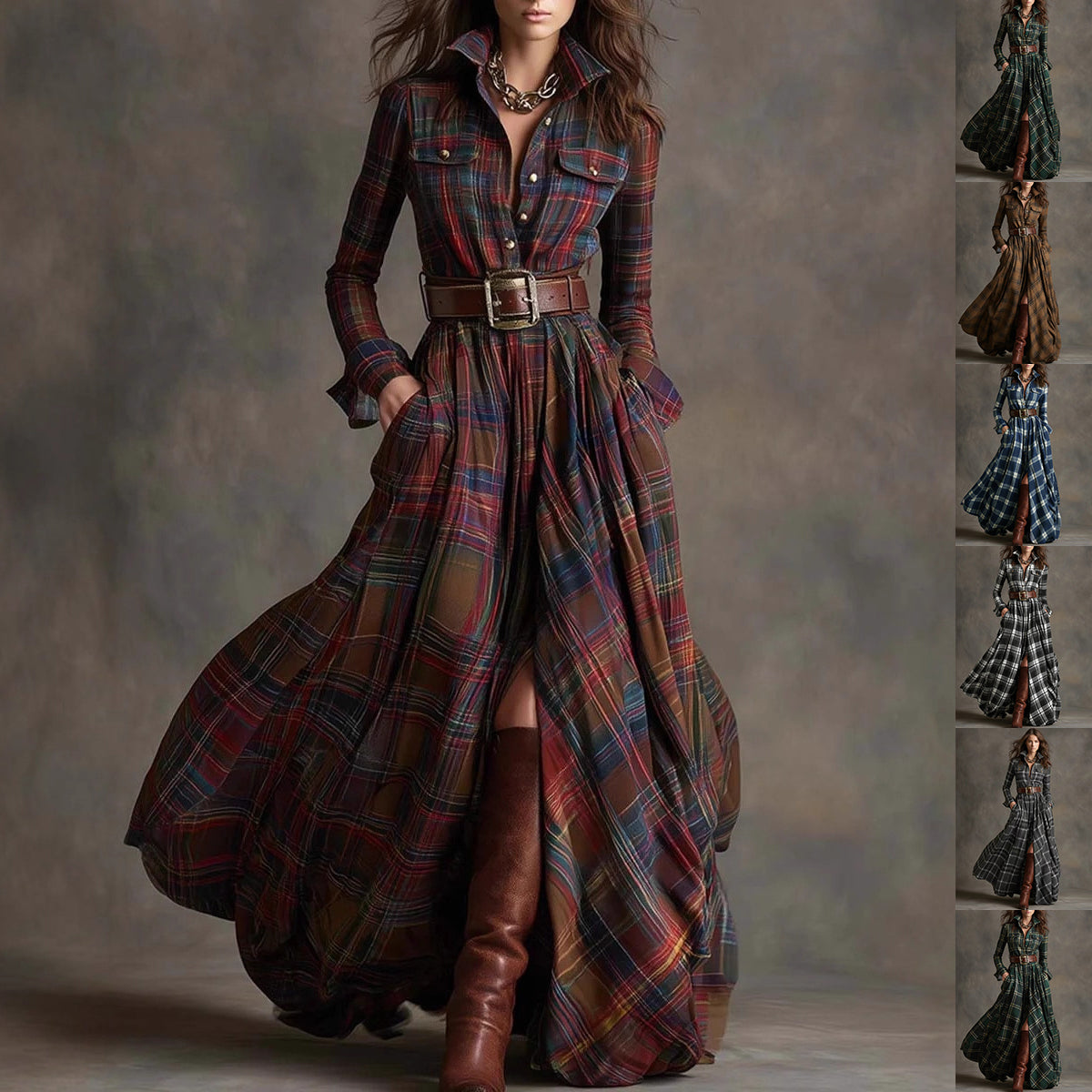 Oversized Plaid Print Long Sleeve Pocketed Turn-Down Collar Button-Up Big Swing Maxi Dress to 4X Plus Size