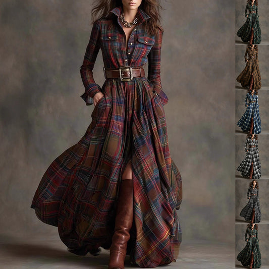 Oversized Plaid Print Long Sleeve Pocketed Turn-Down Collar Button-Up Big Swing Maxi Dress to 4X Plus Size