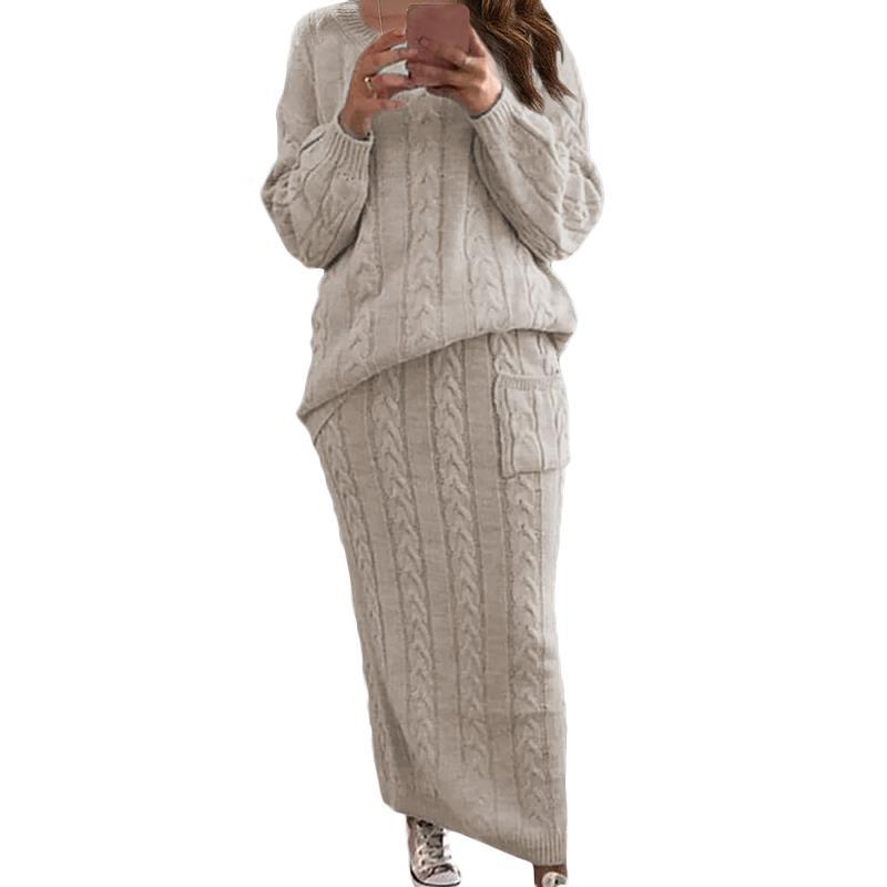 Twisted Weave Pattern Women's Long Sleeve Sweater + Maxi Skirt Knitted 2-Piece Set to 5X Plus Size