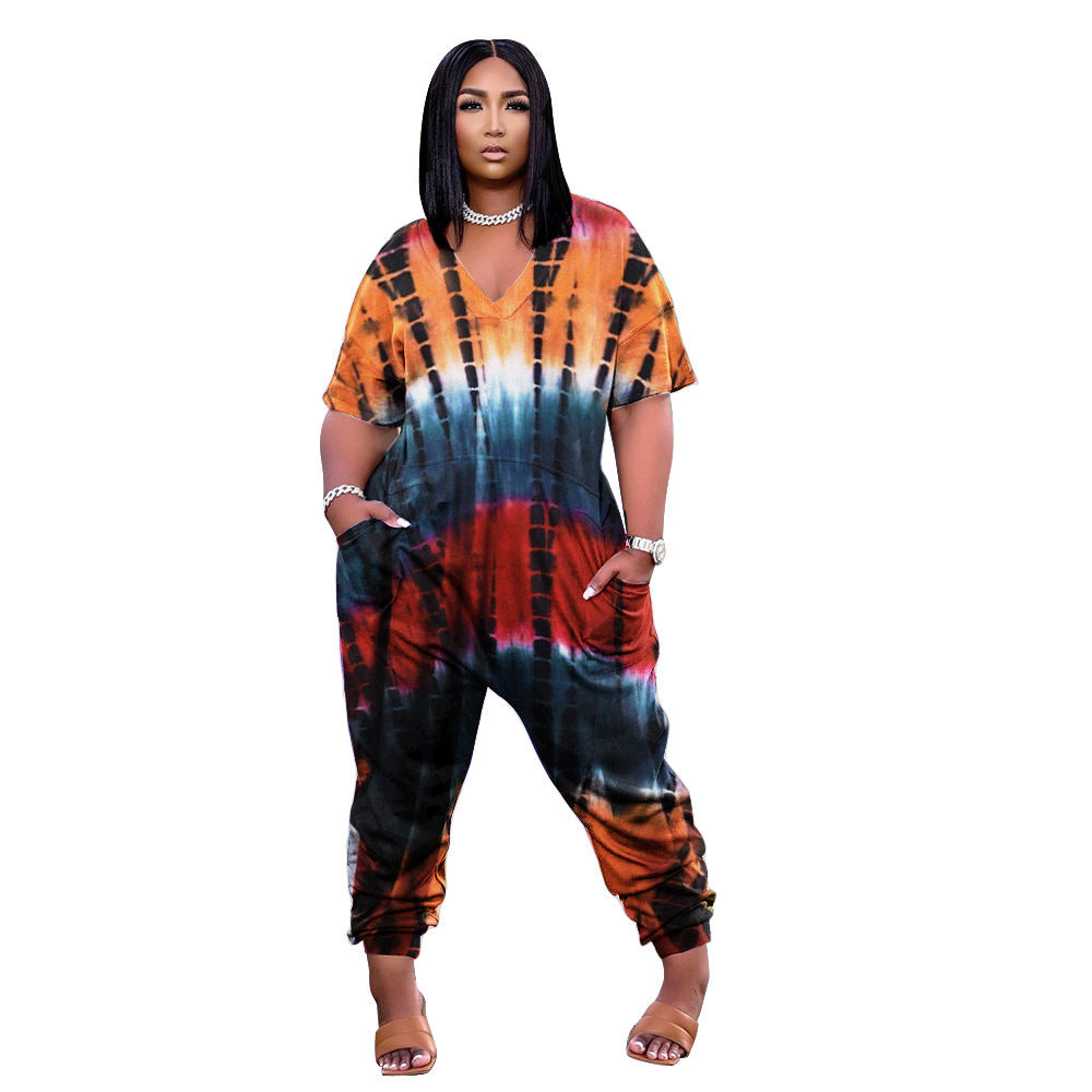 Tie-Dye Colorblock Print Women's Short Sleeve Loose Jumpsuit
