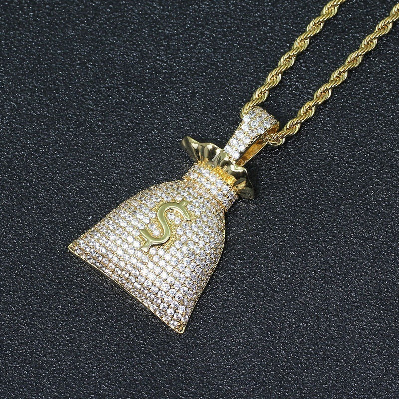 Metallic Money Bag Micro Zircon Pendant Hip-Hop Chain Necklace