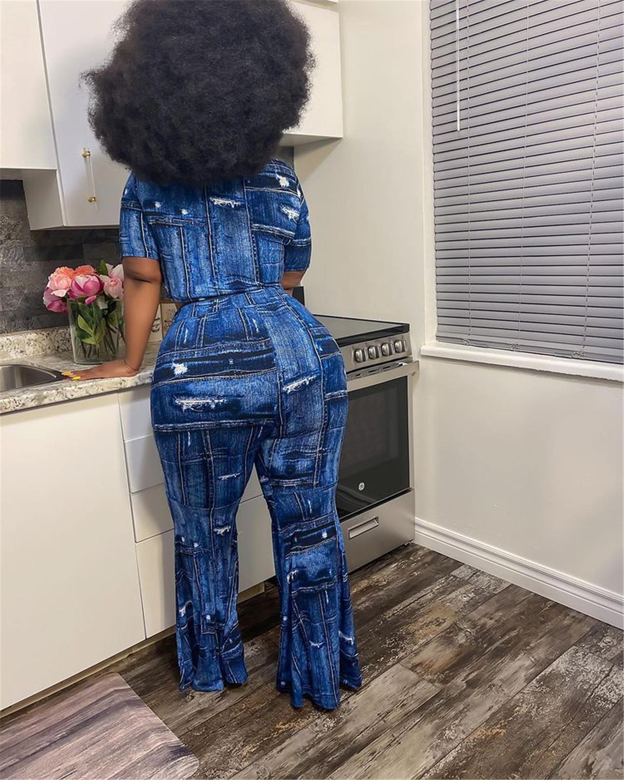 Faux Denim Geometric  Colorblock Print Women's Short Sleeve Crop Top + Skin Tight Leggings 2-Piece Set to 4X Plus Size