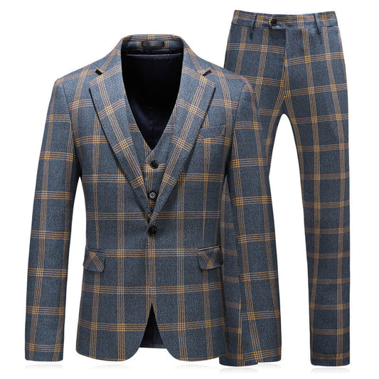 Men's Plaid Blue/Yellow Business Wedding Formal 3-Piece Suit w/ Vest