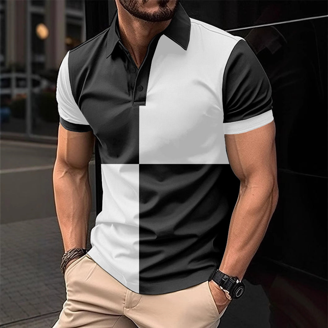 Colorblock Checker Print Turn-Down Collar Button-Up Polo Shirt