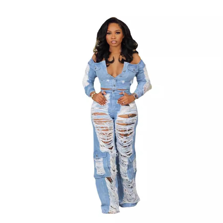 Denim Button-Up Double Pocket Crop Jean Shirt + Off-the-Shoulder Hollow-Out Ripped Fringe Cargo Jeans Women's 2-Piece Set