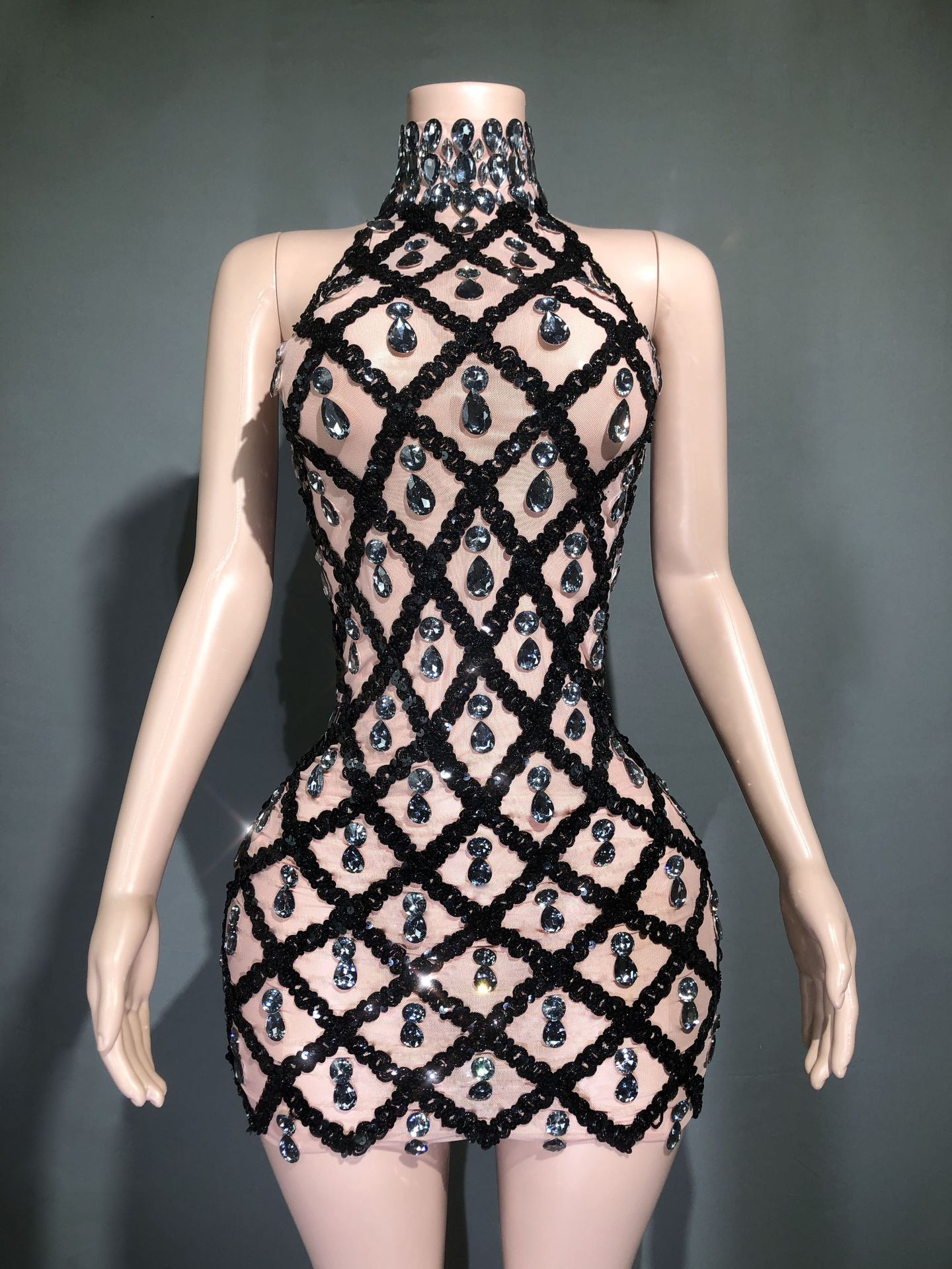 Diamond Sequin Mesh Geometric Hollow-Out Design Sleeveless Mini Zipper Back Formal Mini Dress