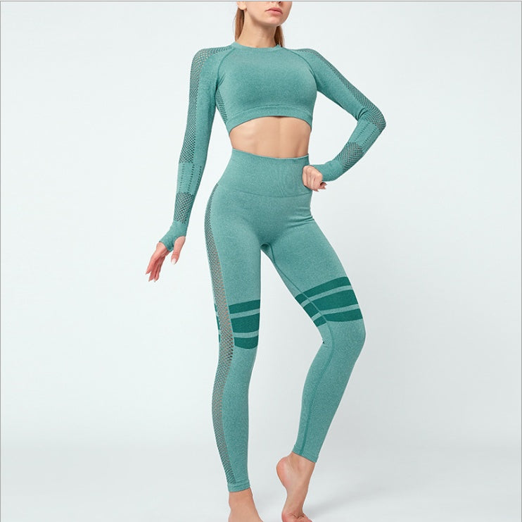 Seamless Long Sleeve Women's Fitness Long Sleeve Shirt + Striped Skinny Leggings 2-Piece Yoga Set