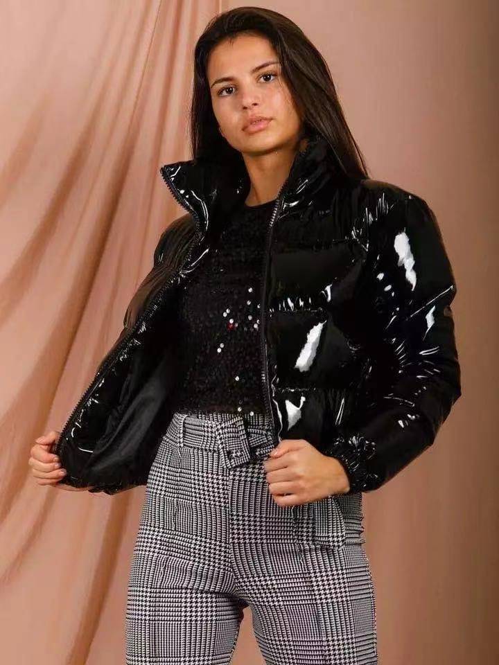 Shiny Faux Leather Women's Solid Color Quilted Down Cotton Puffer Bomber Jacket