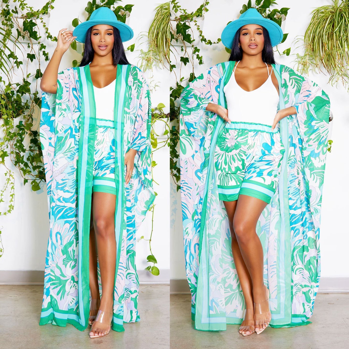 Chiffon Tropical Floral Print Maxi Cardigan Blouse w/ Matching Shorts 2-Piece Set