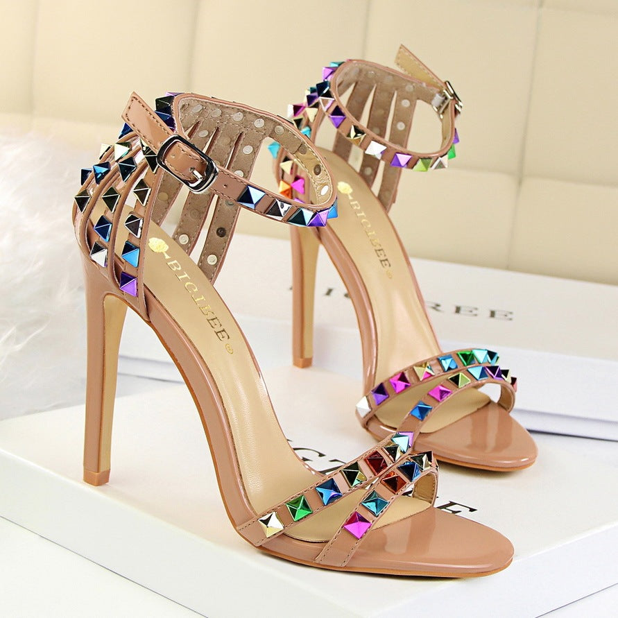 Open Toe Cut-Out Rainbow Tassel Fringe Buckle Strap Stiletto Heel Sandal Pumps