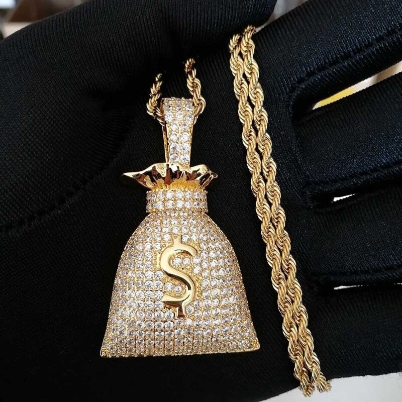 Metallic Money Bag Micro Zircon Pendant Hip-Hop Chain Necklace