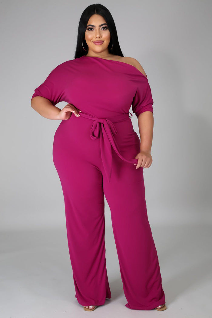 One-Shoulder O-Neck Asymmetrical Short Sleeve Solid Color Women's High Waist  Jumpsuit to 5X Plus Size
