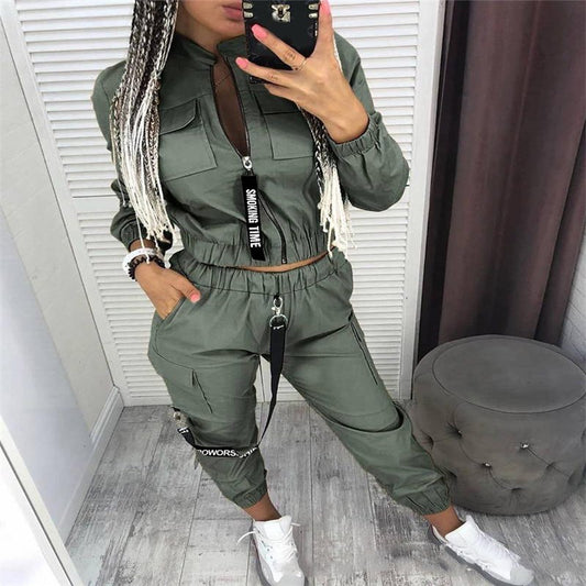 Double Pocket Design Women's Mandarin Collar Zipper Jacket + Elastic Waist Cargo Pants 2-Piece Set