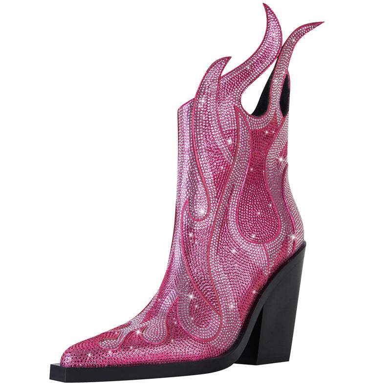 Flame Rhinestone Design Women's Low Square Toe Chunky Heel Martin Ankle Boots