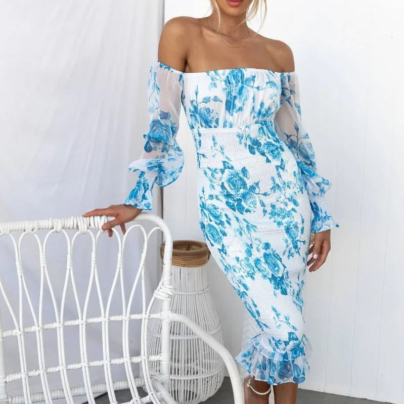 Flower Print Ruched Long Sleeve Off-the-Shoulder Flared Hem Midi Dress