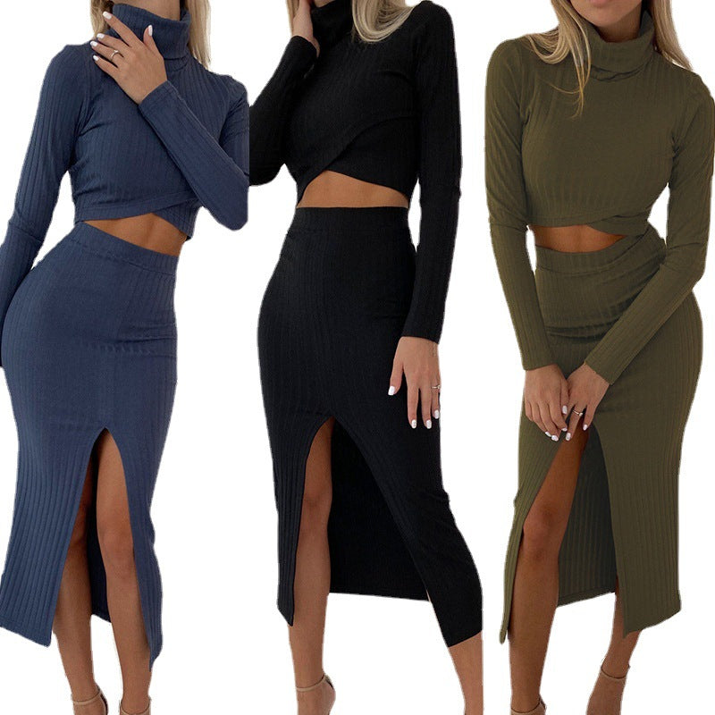 Cropped Solid Color Long Sleeve Shirt + High Slit Maxi Skirt Women's 2-Piece Set to 3X Plus Size