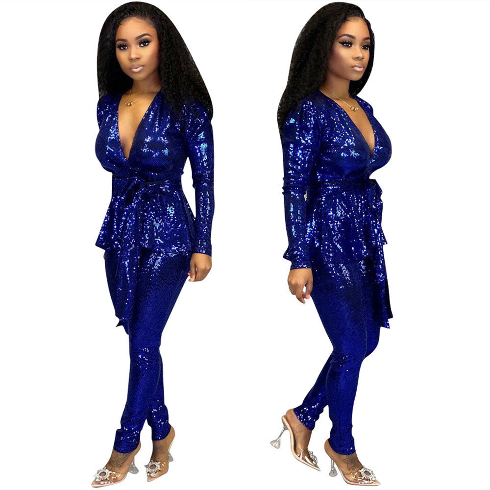 Metallic Sparkling Women's Low Cut Sash Belted Blazer Jacket + Pants Formal Party Suit