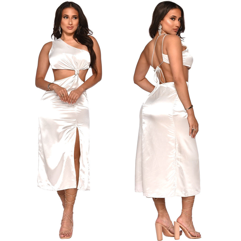 Satin Sleeveless Irregular Hollow-Out Asymmetrical One Shoulder Solid Color High Slit Party Dress