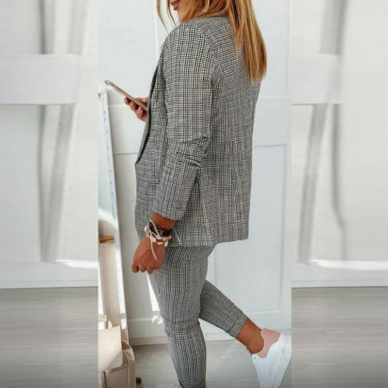 Plaid Single Breasted Blazer Jacket & Drawstring Women's Pants Business Casual Suit