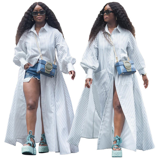 Striped Print Turn-Down Collar Long Sleeve Shirt Dress to 5X Plus Size