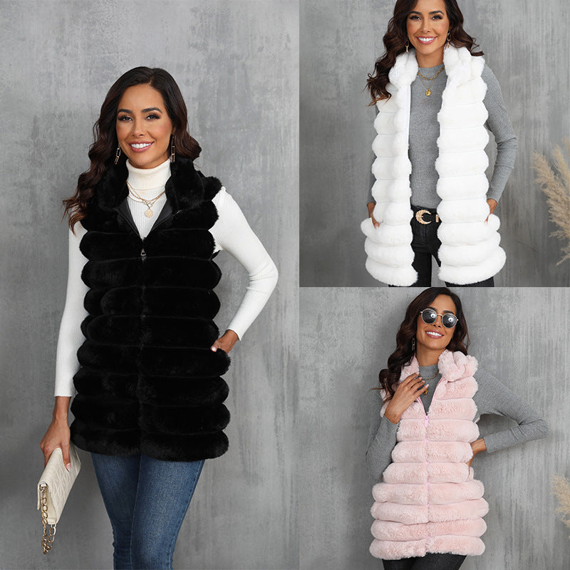 Ribbed Faux Fur Solid Color Sleeveless Women's Vest to 4X Plus Size