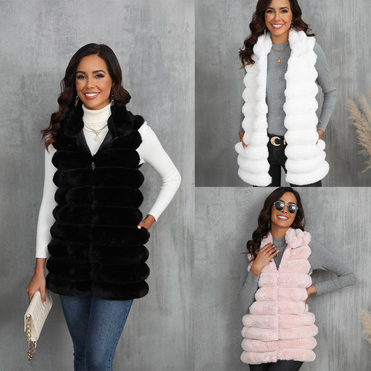 Ribbed Faux Fur Solid Color Sleeveless Women's Vest to 4X Plus Size