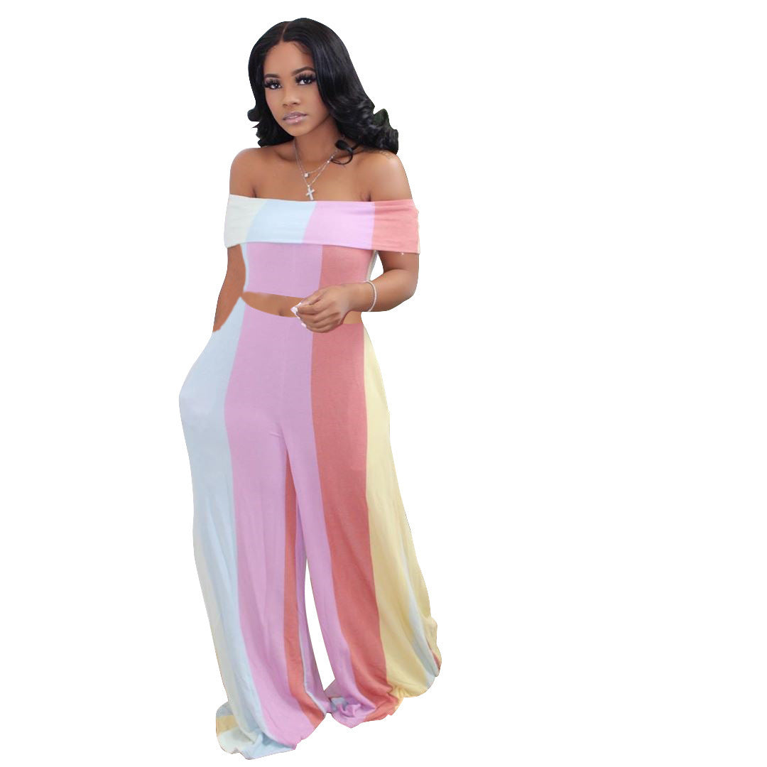 Pastel Striped Colorblock Women's Off-the-Shoulder Crop Top + Wide Leg Loose Leggings 2-Piece Set to 4X Plus Size