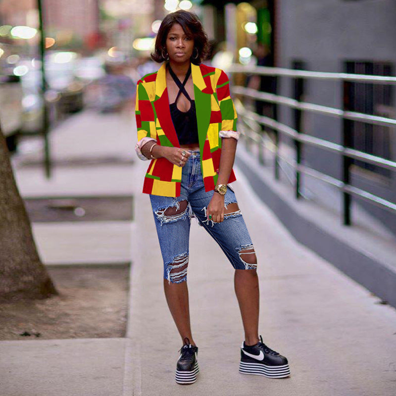 Colorblock Red/Yellow/Green Women's Multi-Colored Blazer Jacket