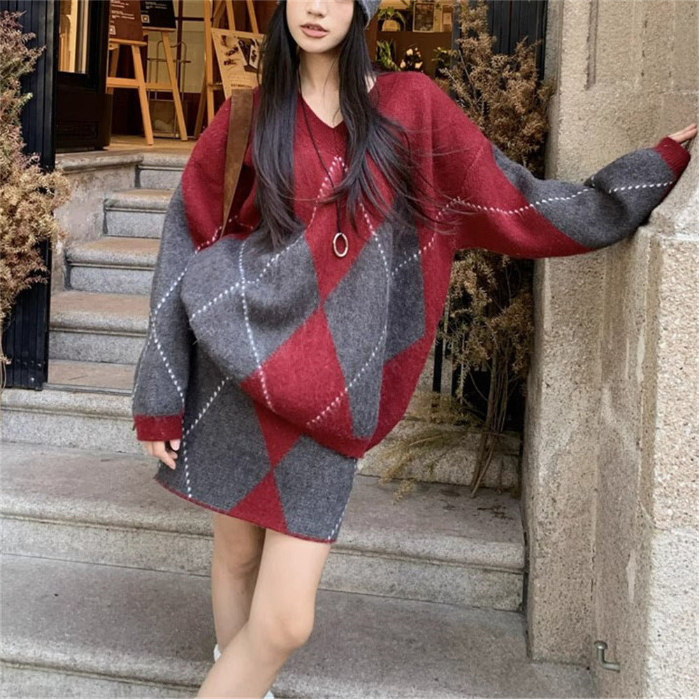 Plaid Argyle Knitted V-Neck Long Sleeve Sweater+ A- Line Mini Skirt Women's 2-Piece Set