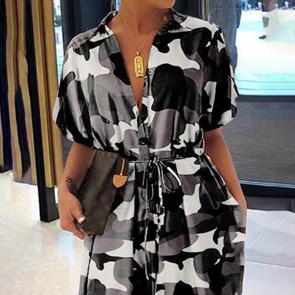 Camoflauge Print Button-Up Women's Turn-Down Collar Short Sleeve Harem Pants Jumpsuit