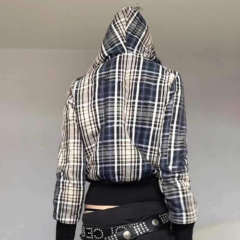 American High Street Ins Style Contrast Color Check Waist-tight Jacket