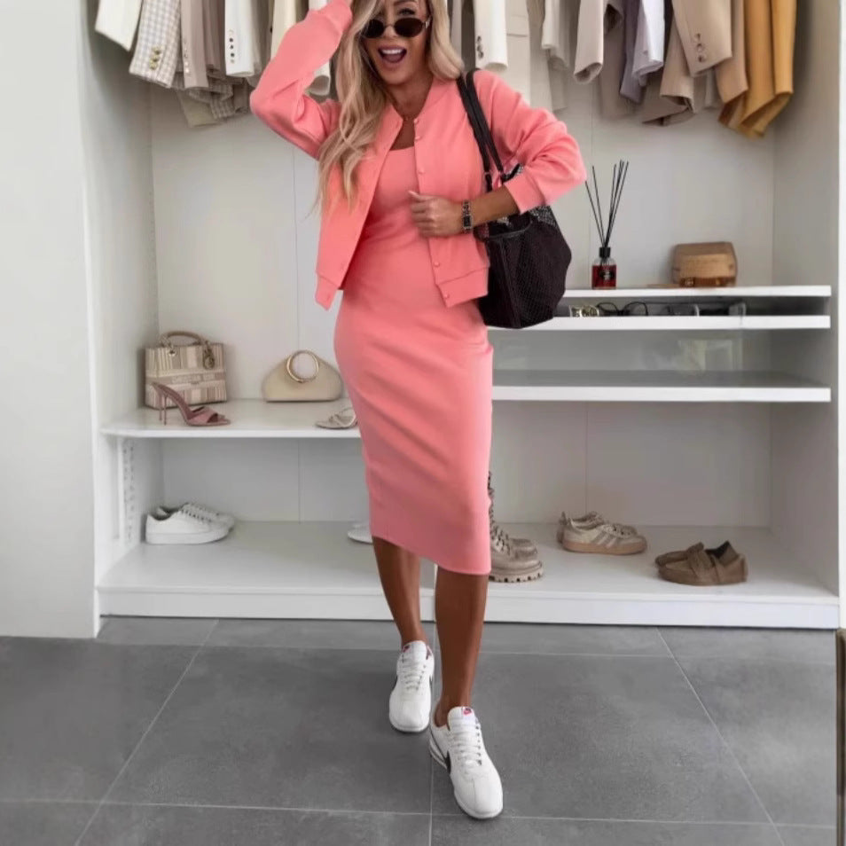 Solid Color Women's Button-Up Bomber Jacket + Sling Dress Dress 2-Piece Set to 3X Plus Size