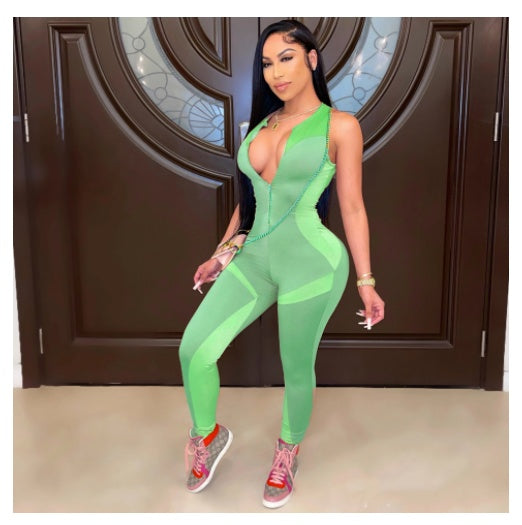 Fitness Sleeveless Deep V-Neck Colorblock Camisole Smocked Women's Skin Tight Yoga Workout Zipper Jumpsuit