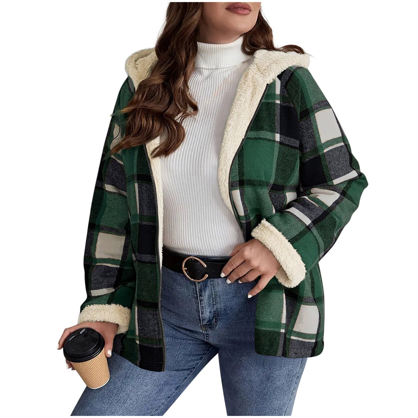 Plaid Print Fleece Lined Thick Women's Hoodie Jacket